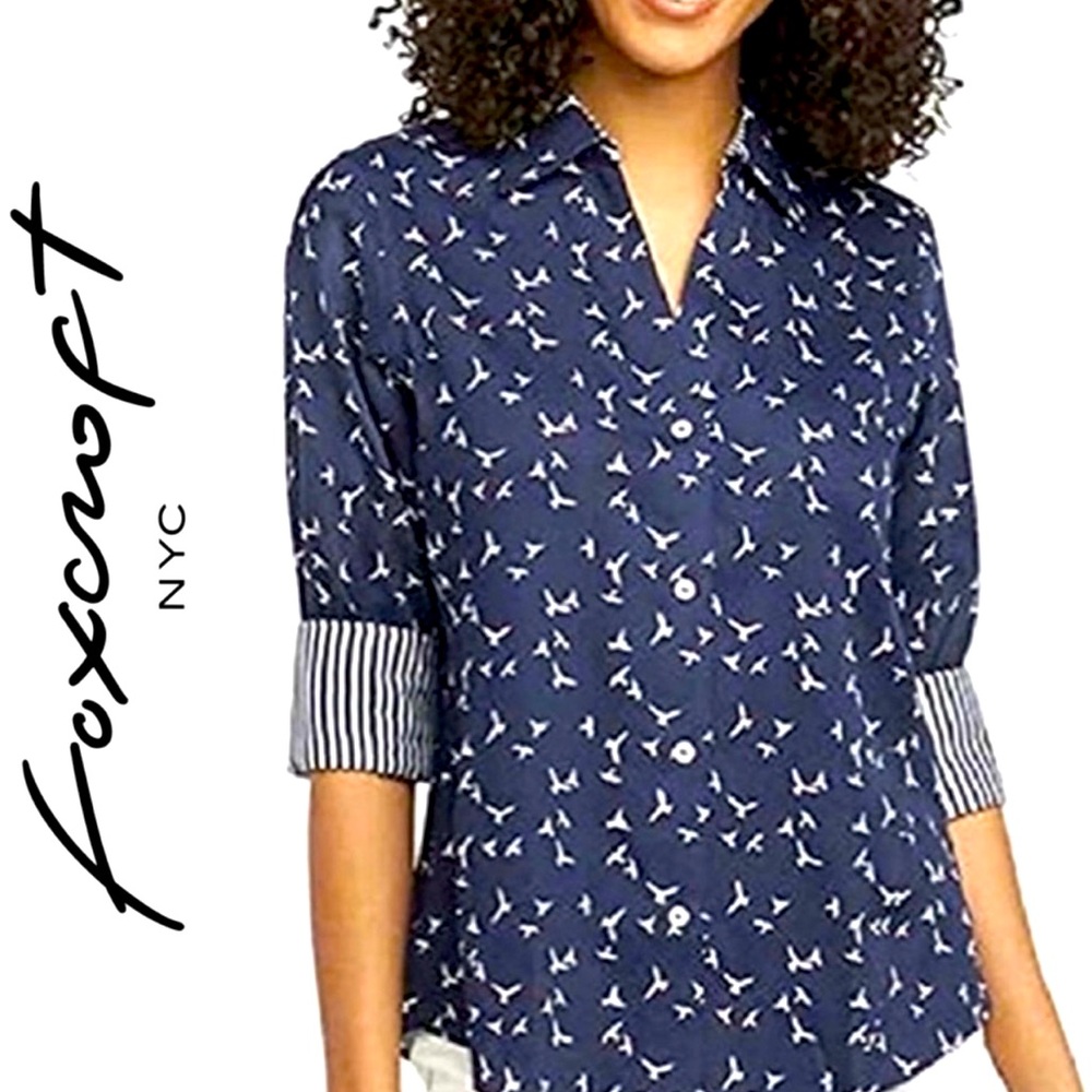 Foxcroft  women 3/4 sleeves birds print shirt M button down shirt NWOT